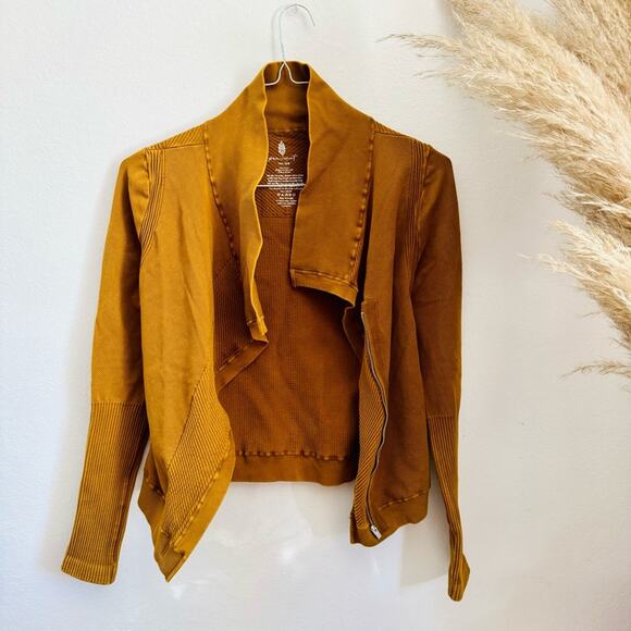 FP FREE PEOPLE Mustard Gold Yellow Zip Thermal Throw Out Jacket Sweater Top XS S - Picture 3 of 13